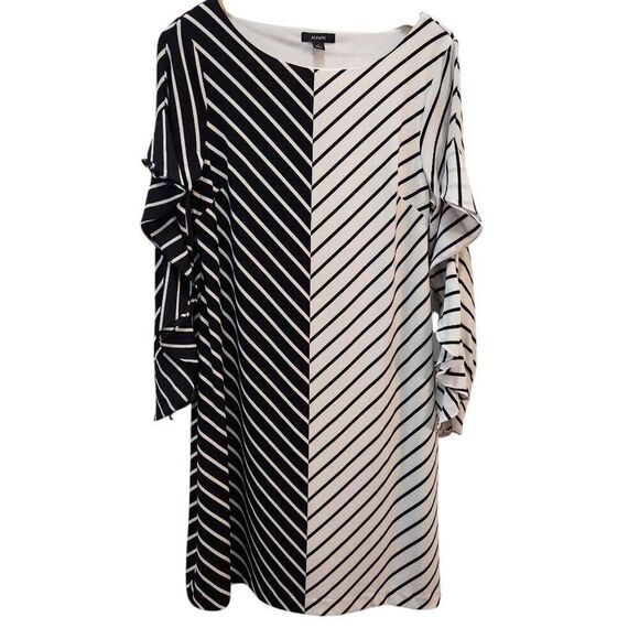Alfani Womens Colorblocked Ruffle-Sleeve Flounce Dress size 6 black white - Picture 1 of 6